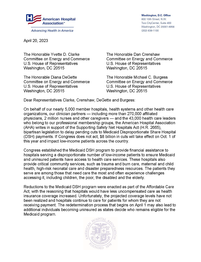AHA Letter in Support of Supporting Safety Net Hospitals Act (H.R. 2665